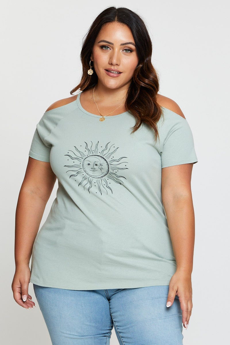 Green Graphic T-shirt Sun Short Sleeve Cold Shoulder - Image 3