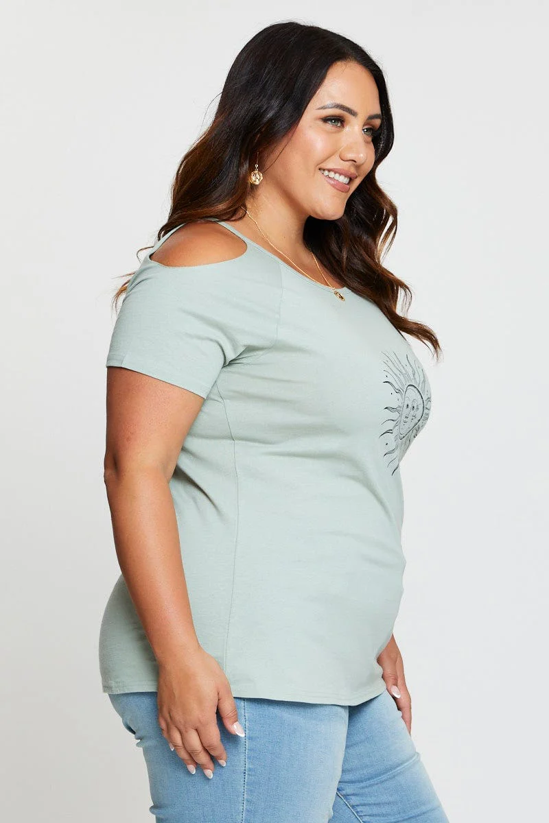 Green Graphic T-shirt Sun Short Sleeve Cold Shoulder - Image 4
