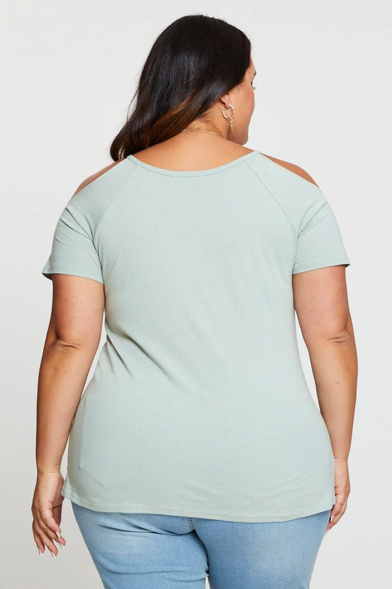 Green Graphic T-shirt Sun Short Sleeve Cold Shoulder - Image 5
