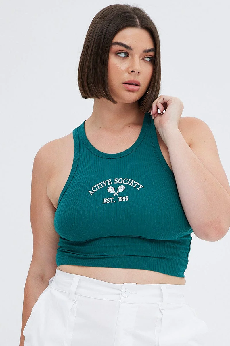 Green Graphic Tank Tennis Active Embroidered Jersey - Image 3