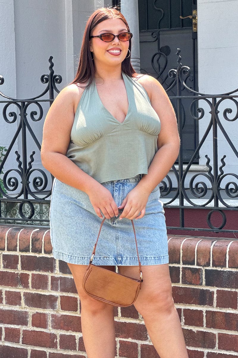 Green Halter Top Sleeveless Linen Blend
