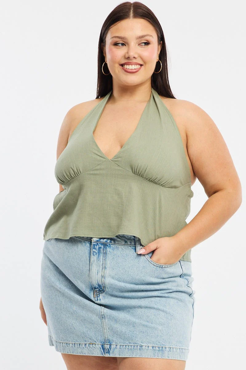 Green Halter Top Sleeveless Linen Blend - Image 2