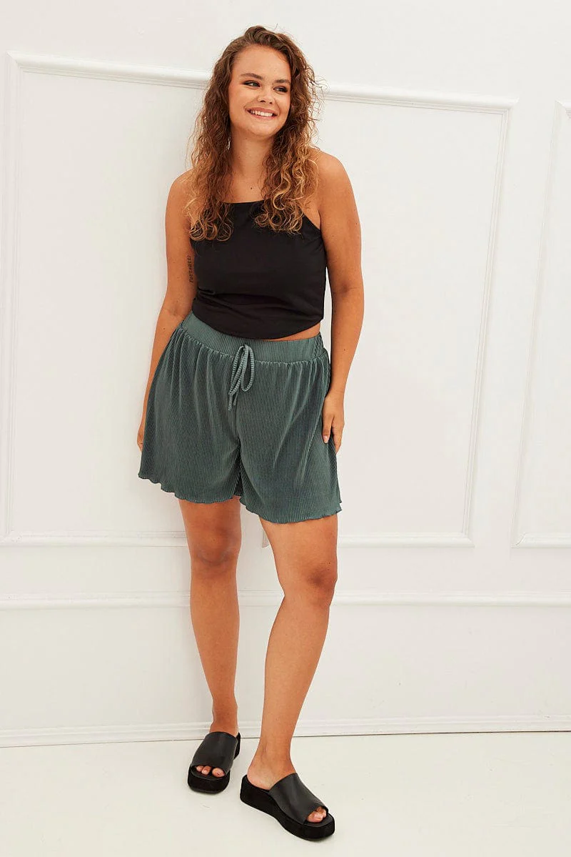 Green High Rise Plisse Elastic Waist Shorts - Image 3
