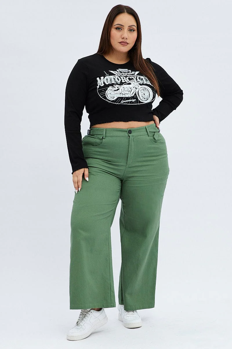 Green High Waist Buckle Detail Wide Leg Cargo