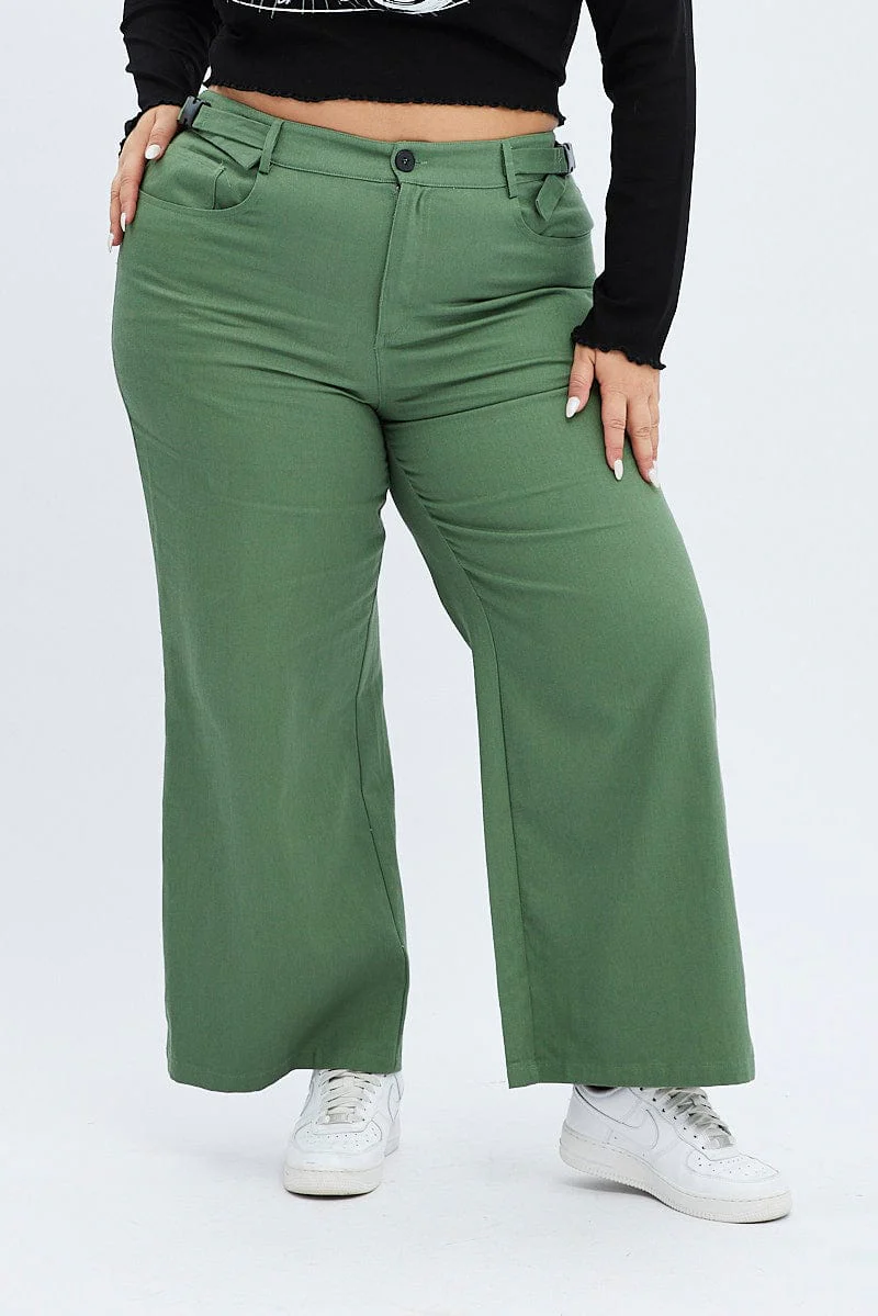 Green High Waist Buckle Detail Wide Leg Cargo - Image 2