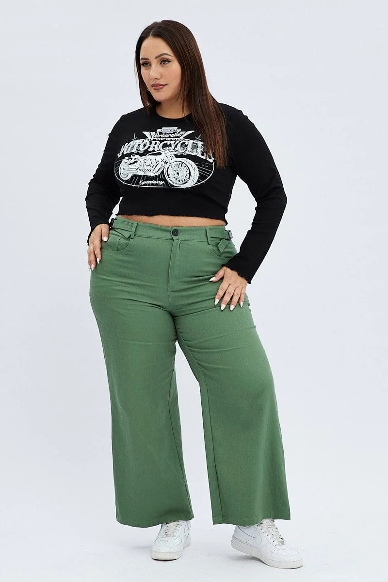 Green High Waist Buckle Detail Wide Leg Cargo - Image 3
