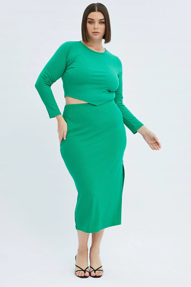 Green Jersey Top Long Sleeve Hanky Hem Rib - Image 2