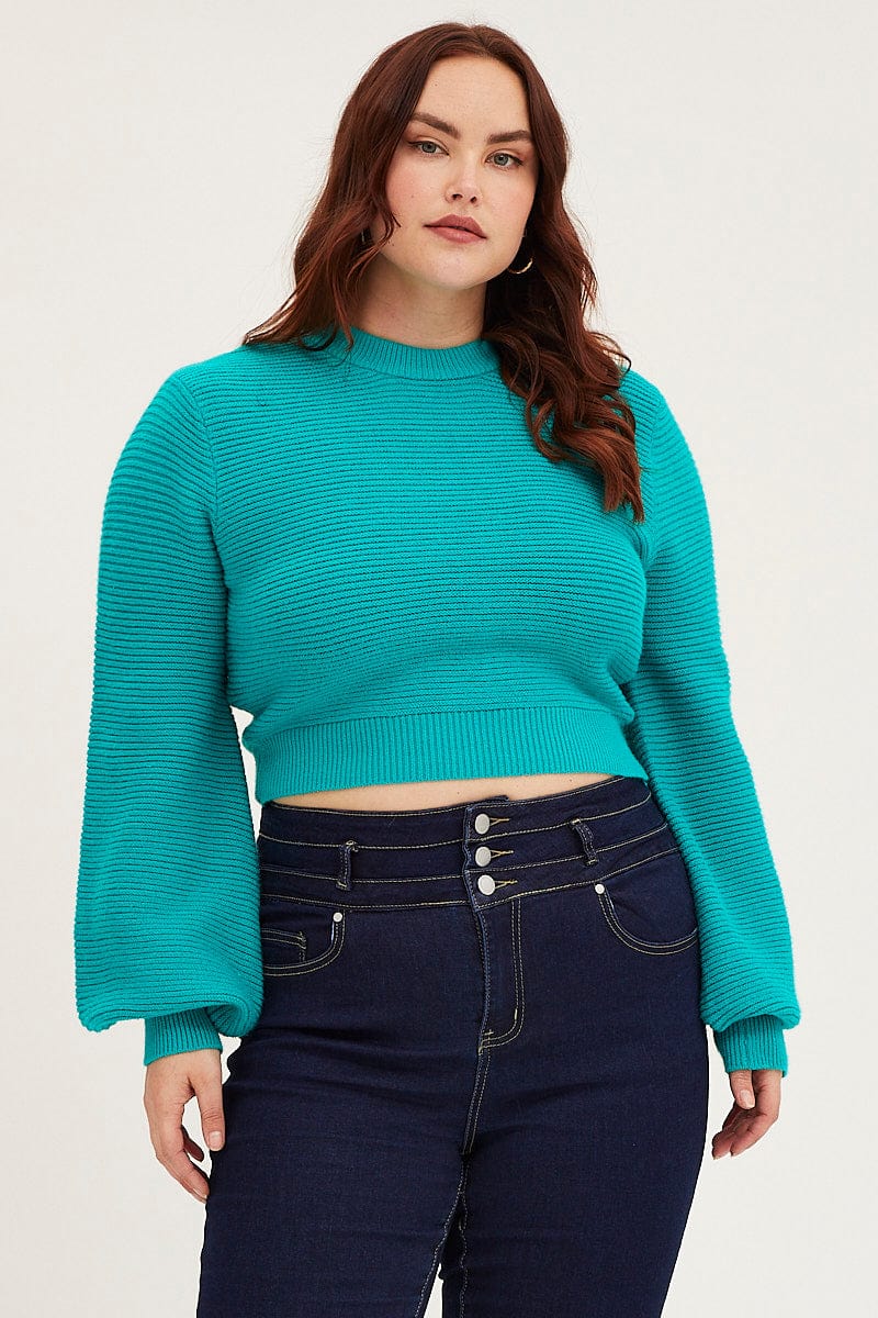 Green Jumper Round Neck Long Sleeve Crop Knit - Image 3