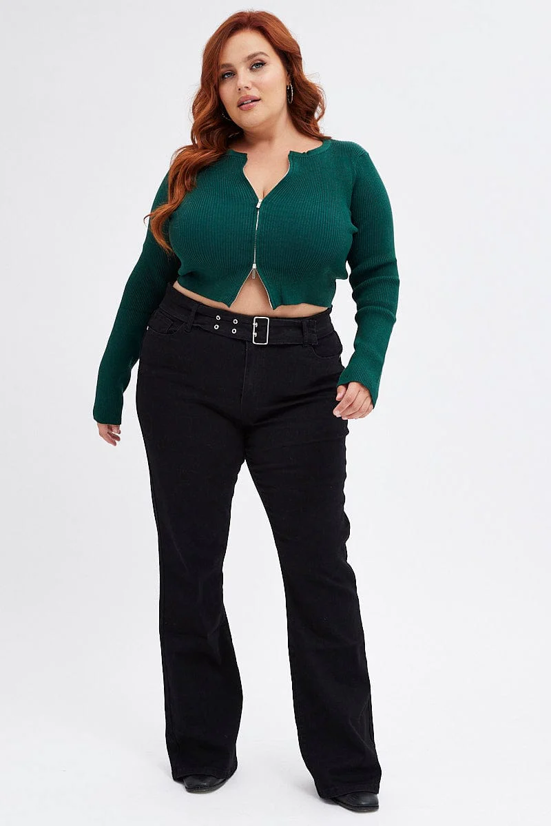 Green Knit Cardigan Zip Up Ribbed - Image 2