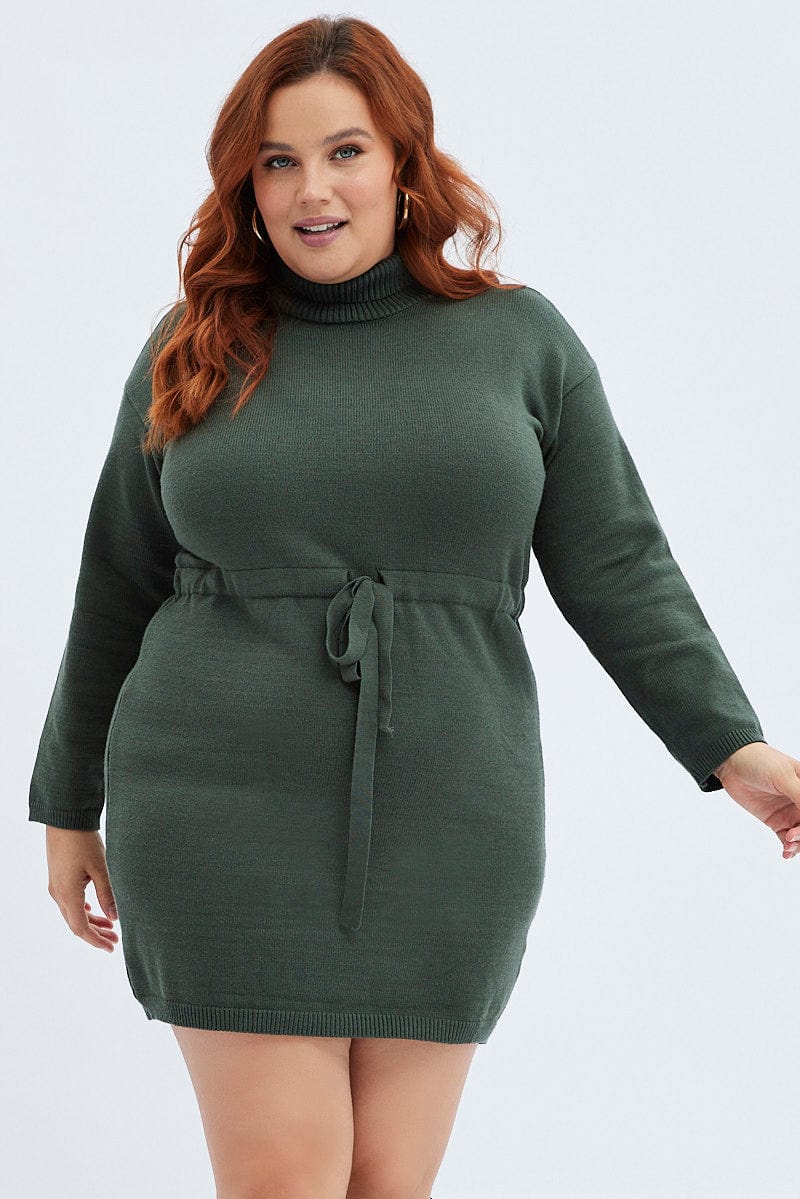 Green Knit Dress High Neck Tie Waist - Image 2