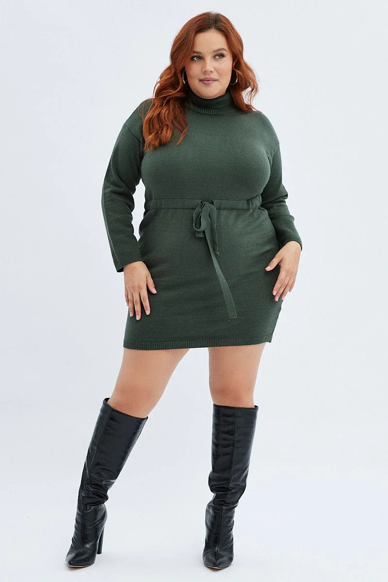 Green Knit Dress High Neck Tie Waist - Image 3