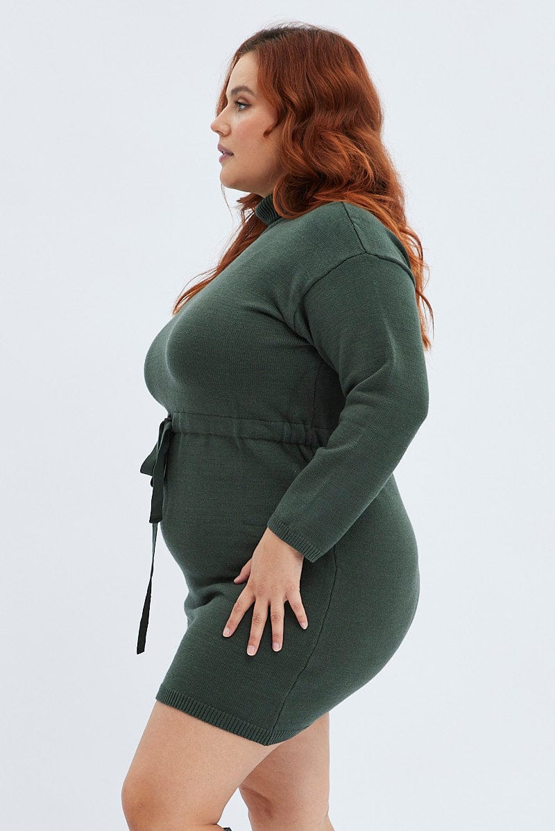 Green Knit Dress High Neck Tie Waist - Image 4
