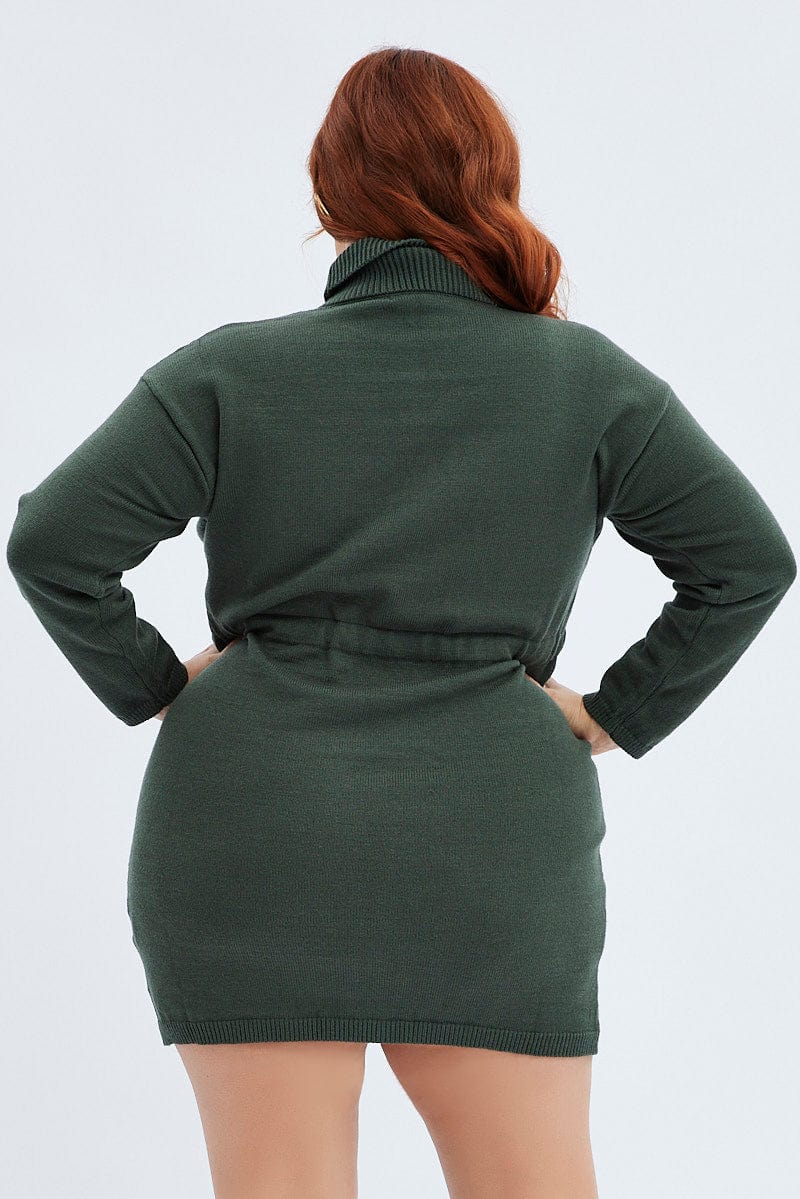 Green Knit Dress High Neck Tie Waist - Image 5