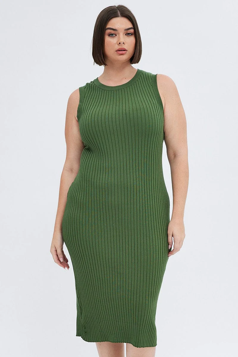 Green Knit Dress Wide Rib High Neck Sleeveless Midi - Image 2