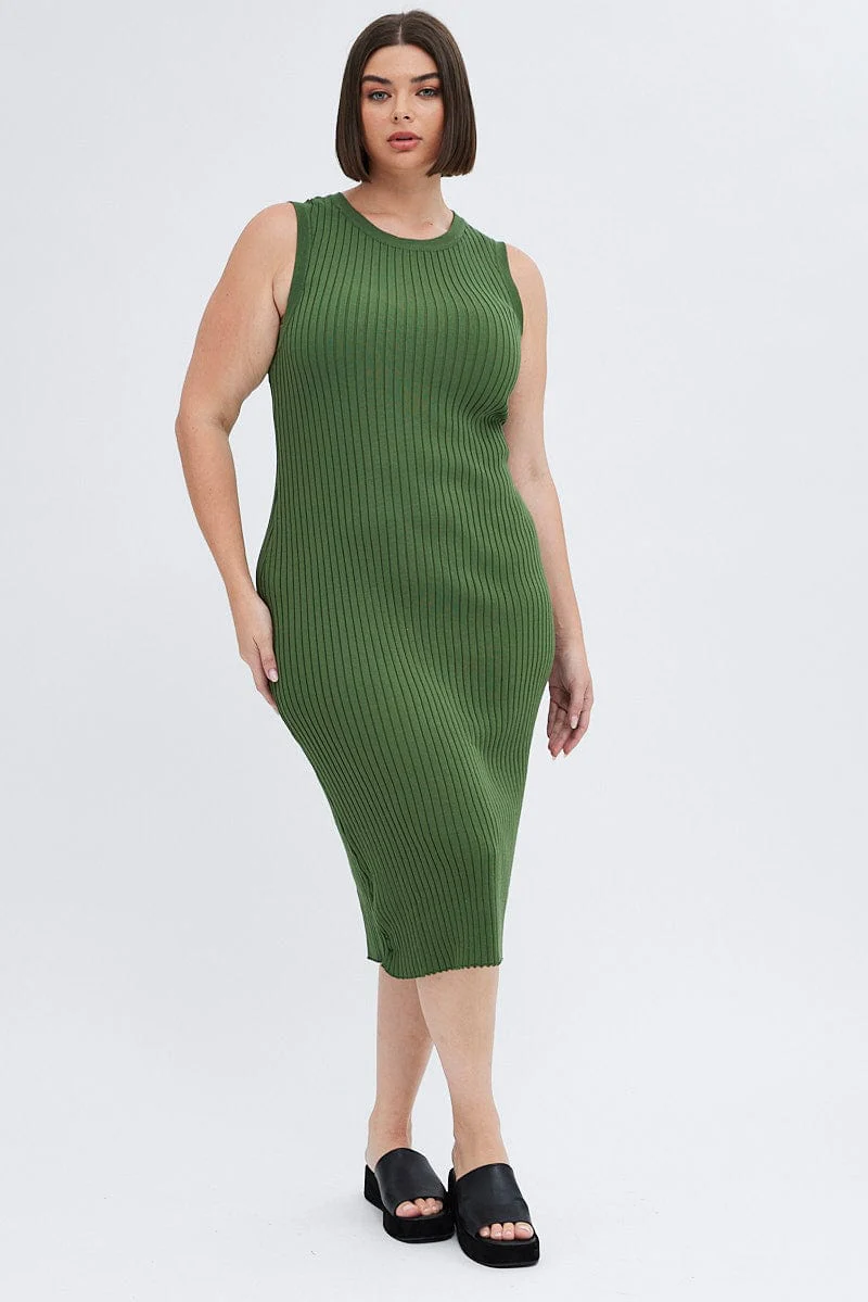 Green Knit Dress Wide Rib High Neck Sleeveless Midi - Image 3