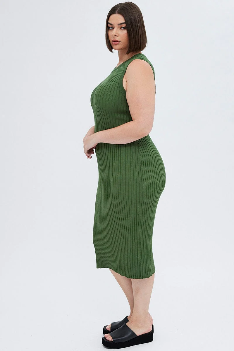 Green Knit Dress Wide Rib High Neck Sleeveless Midi - Image 4