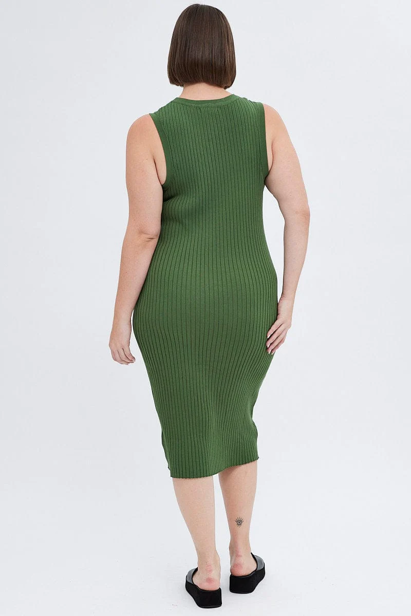 Green Knit Dress Wide Rib High Neck Sleeveless Midi - Image 5