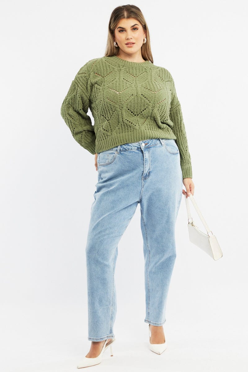 Green Knit Jumper Long Sleeve Crew Neck Chenille - Image 2
