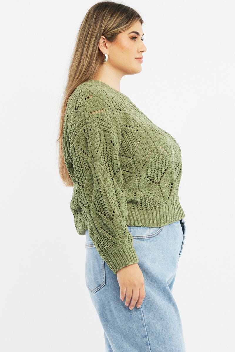 Green Knit Jumper Long Sleeve Crew Neck Chenille - Image 3