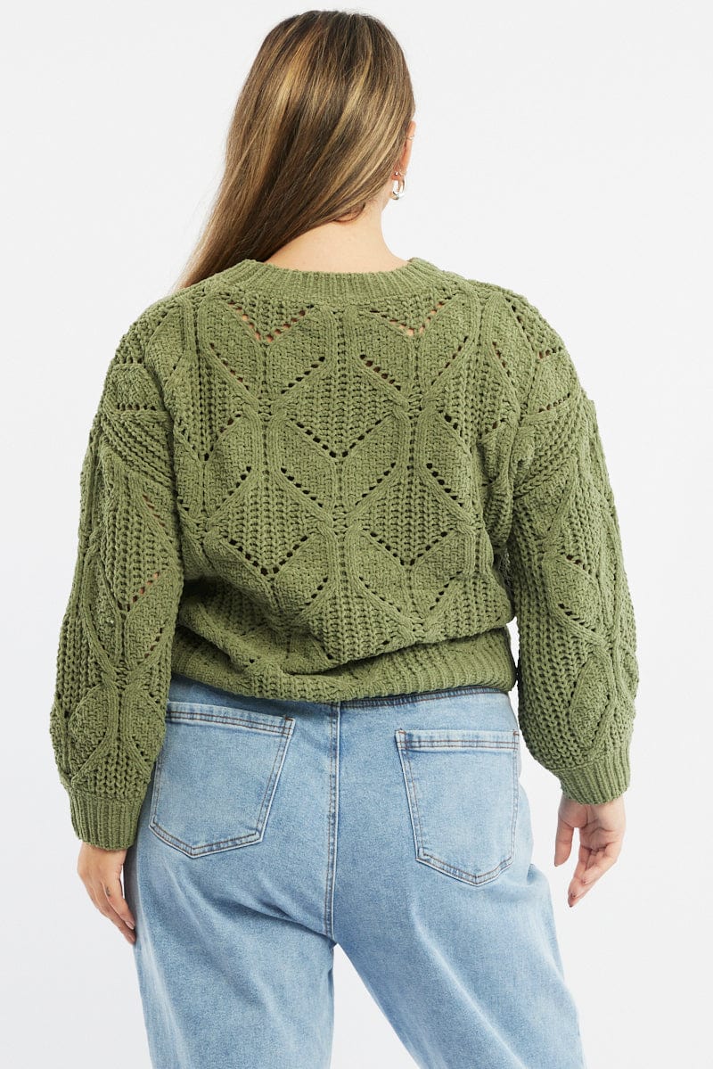 Green Knit Jumper Long Sleeve Crew Neck Chenille - Image 4