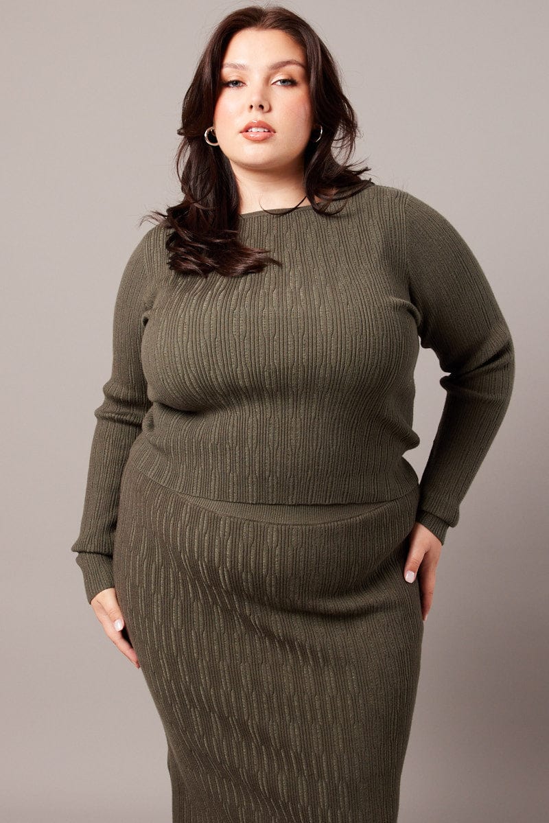 Green Knit Top Long Sleeve Boat Neck