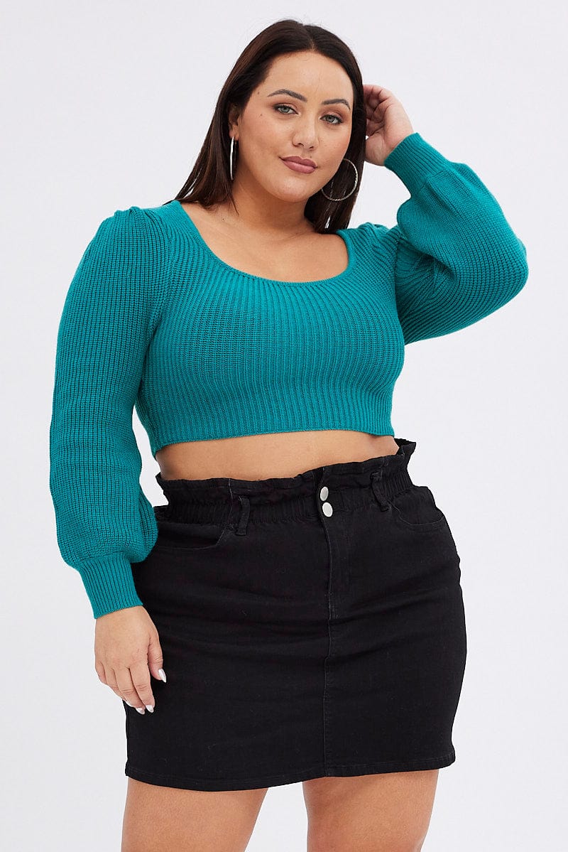 Green Knit Top Square Neck Long Sleeve Crop