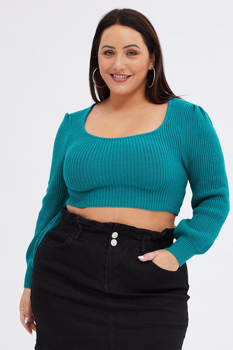Green Knit Top Square Neck Long Sleeve Crop - Image 3