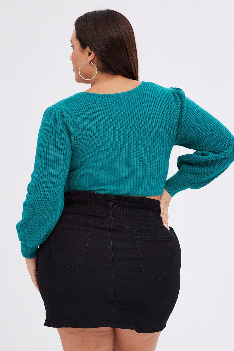 Green Knit Top Square Neck Long Sleeve Crop - Image 5