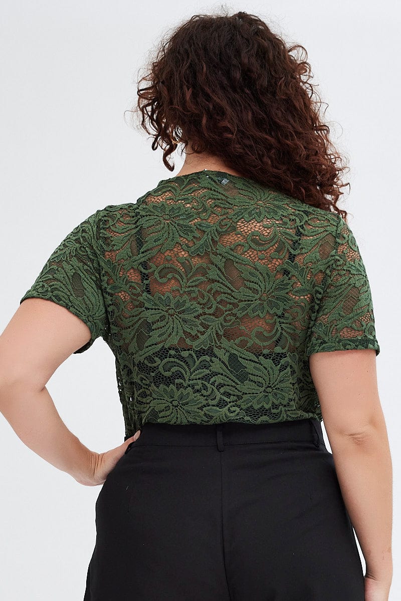 Green Lace Bodysuit Short Sleeve V-neck - Image 5