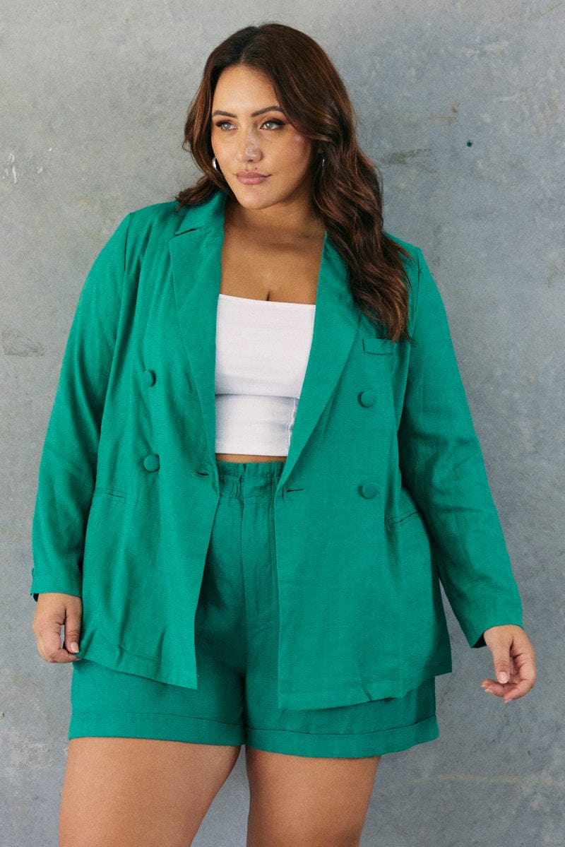Green Linen Blazer Long Sleeve Double Breasted - Image 3