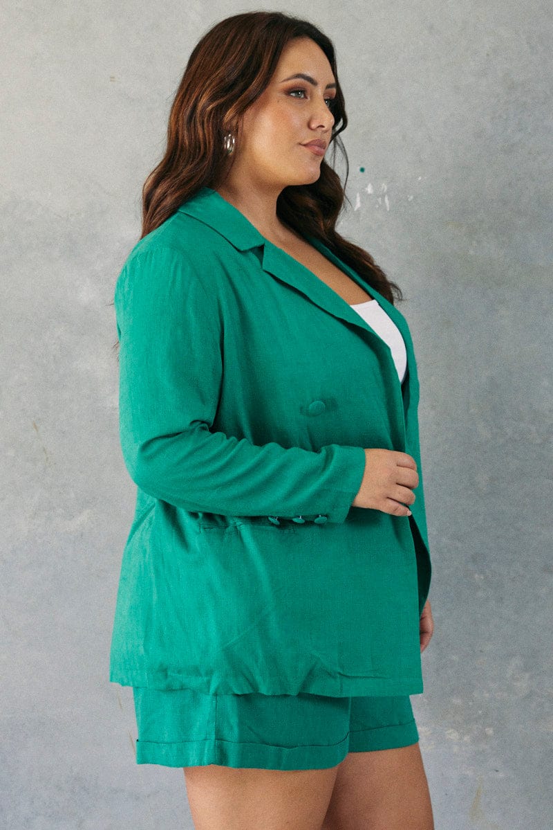 Green Linen Blazer Long Sleeve Double Breasted - Image 4