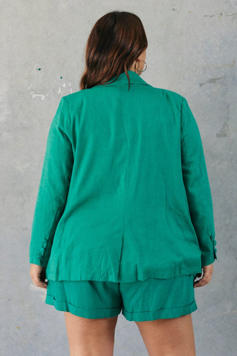 Green Linen Blazer Long Sleeve Double Breasted - Image 5
