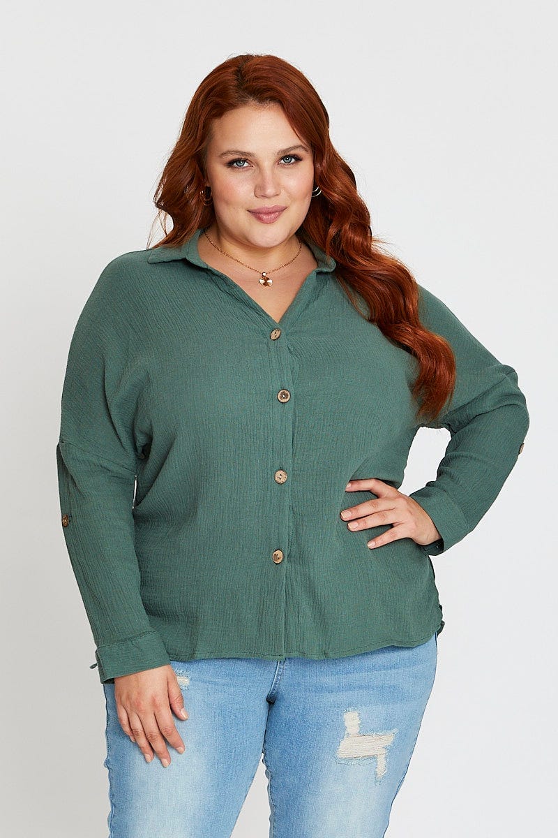 Green Long Sleeve Hunter Green Cotton Crush Shirt - Image 3