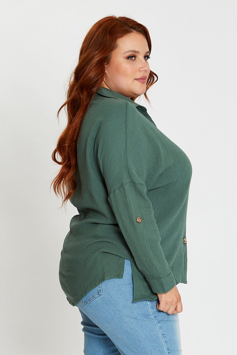 Green Long Sleeve Hunter Green Cotton Crush Shirt - Image 4