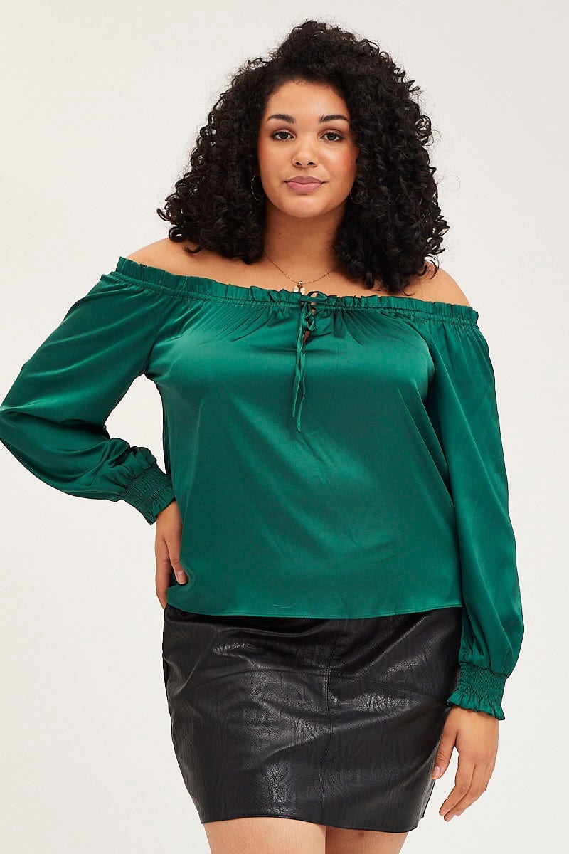 Green Long Sleeve Off The Shoulder Bardot Top - Image 3