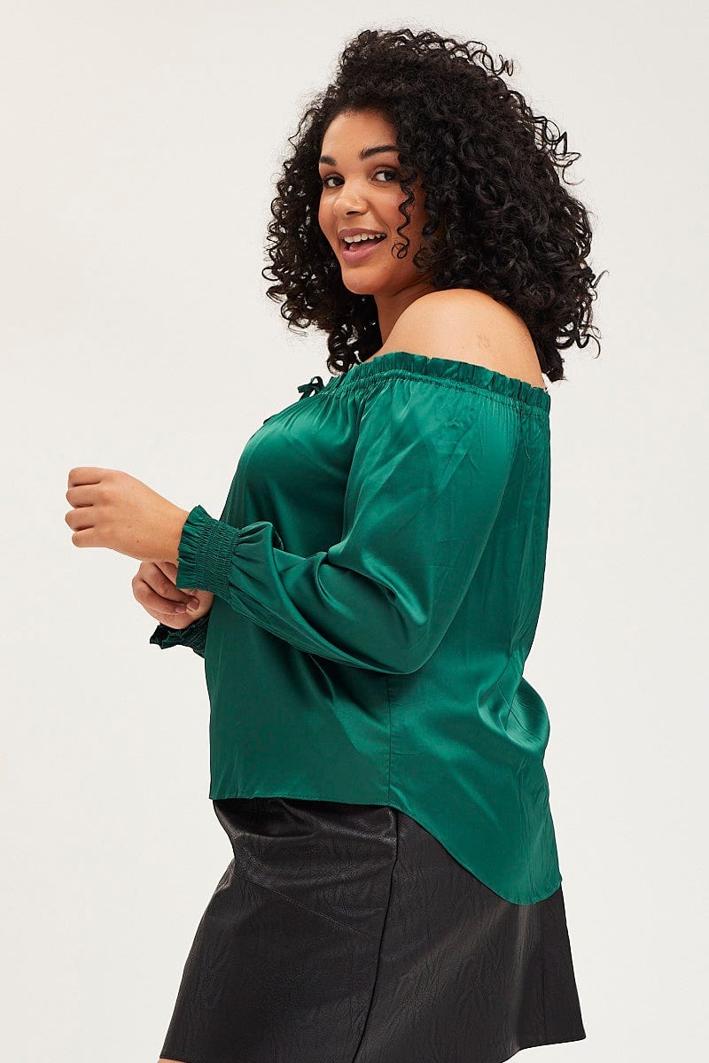 Green Long Sleeve Off The Shoulder Bardot Top - Image 4