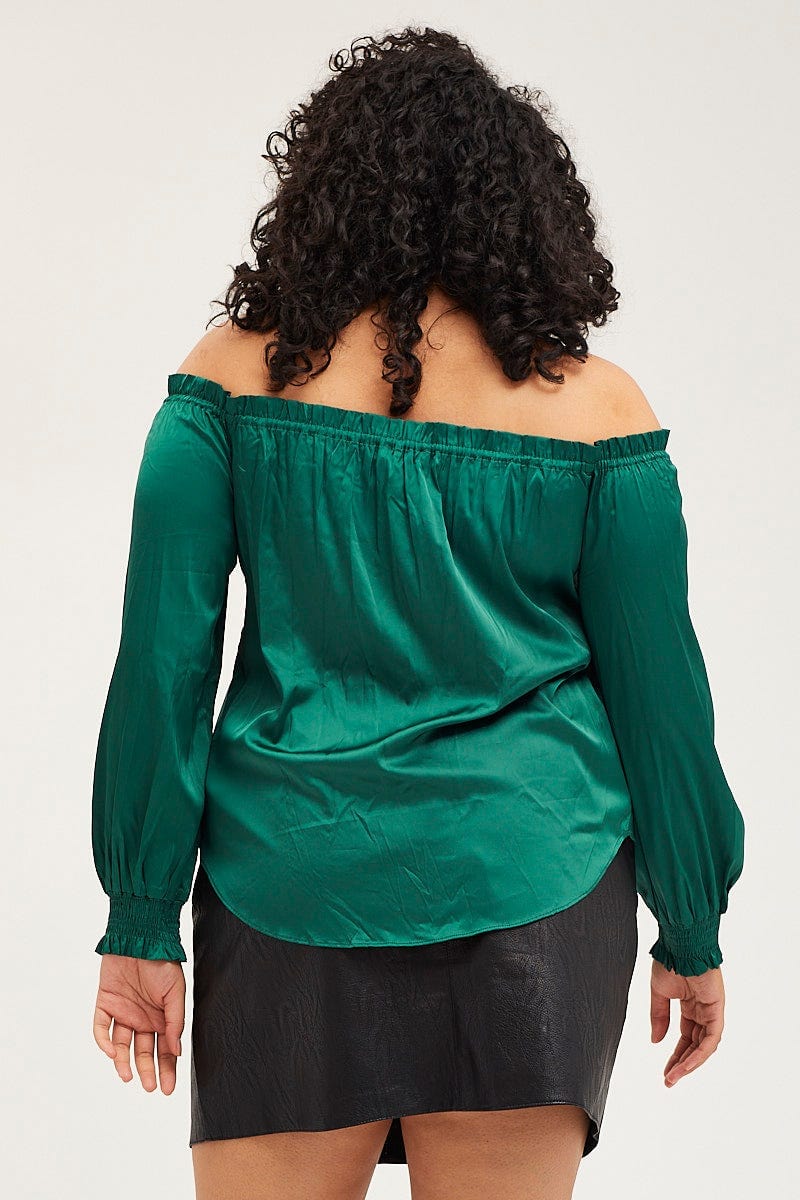 Green Long Sleeve Off The Shoulder Bardot Top - Image 5
