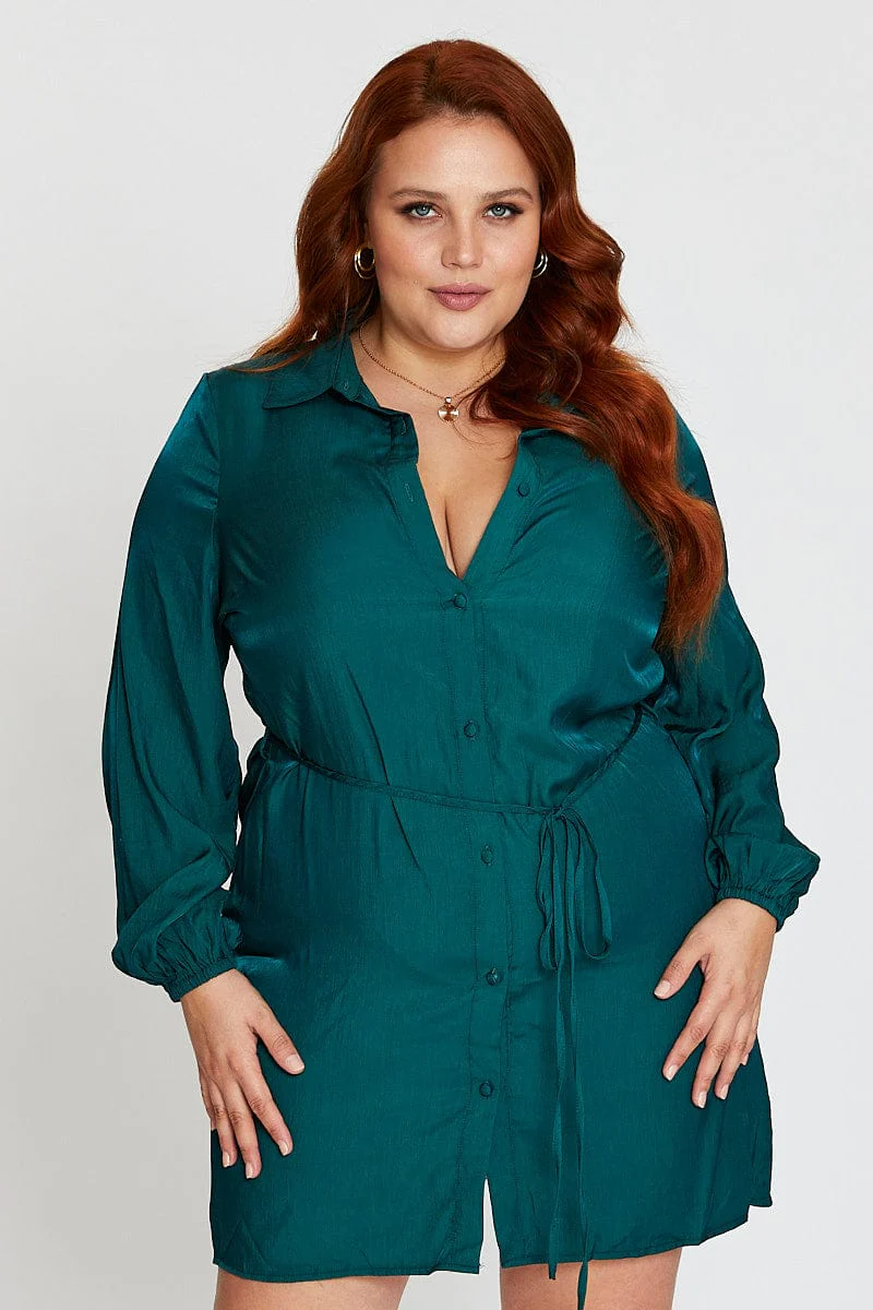 Green Long Sleeve Tie Waist Shirtdress - Image 3
