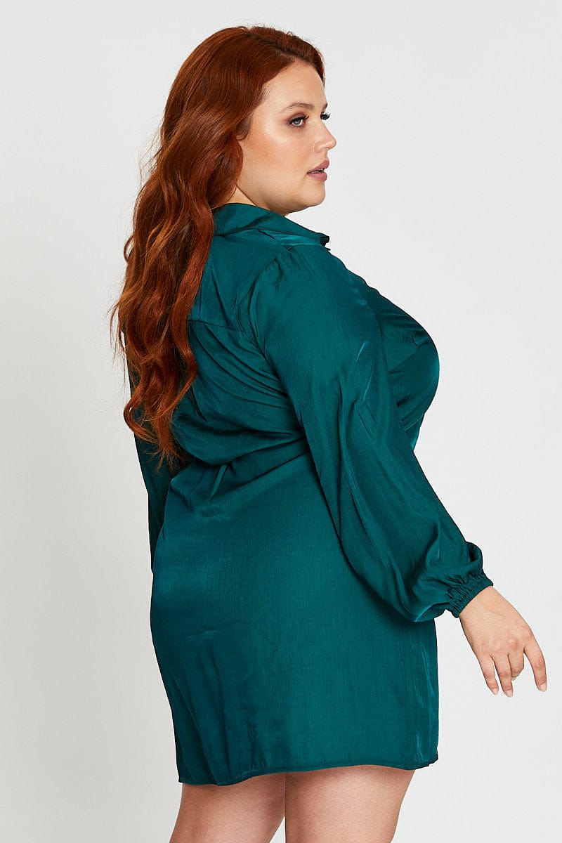 Green Long Sleeve Tie Waist Shirtdress - Image 4