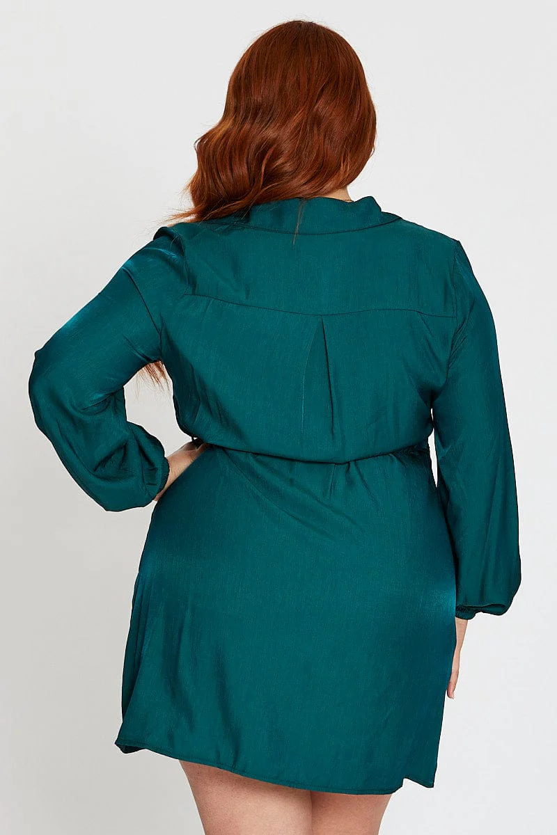 Green Long Sleeve Tie Waist Shirtdress - Image 5