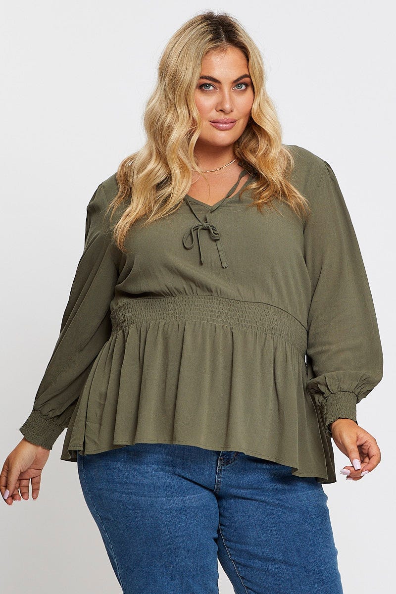 Green Long Sleeve Viscose Crepe Khaki Shirred Top - Image 3