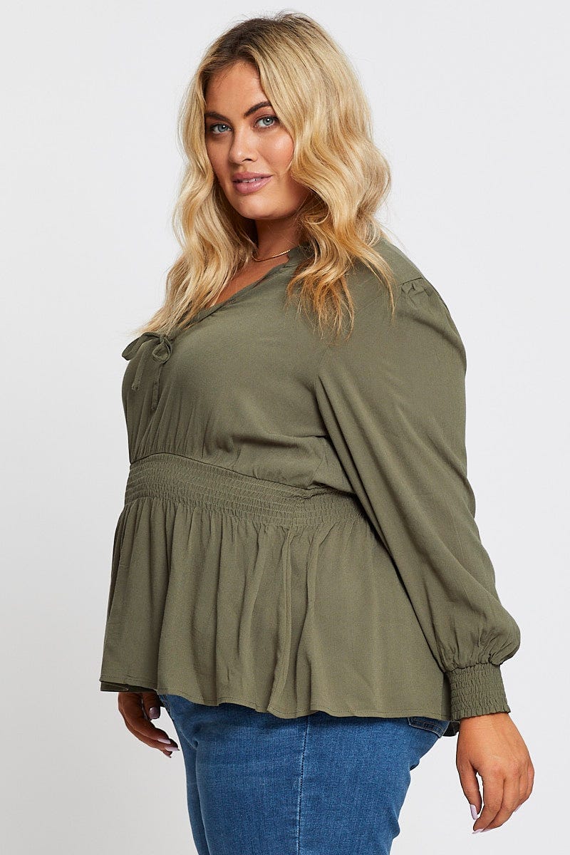 Green Long Sleeve Viscose Crepe Khaki Shirred Top - Image 4