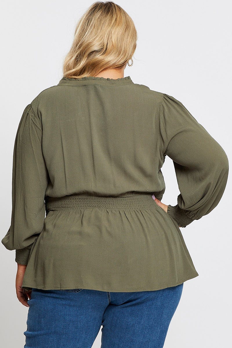 Green Long Sleeve Viscose Crepe Khaki Shirred Top - Image 5