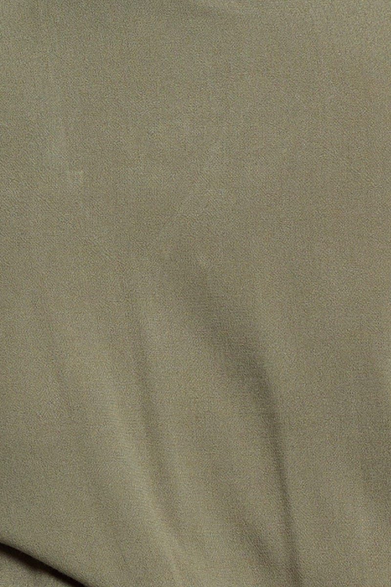 Green Long Sleeve Viscose Crepe Khaki Shirred Top - Image 6