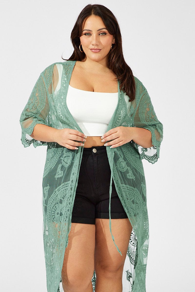 Green Longline Embroidered Mesh Kimono - Image 2