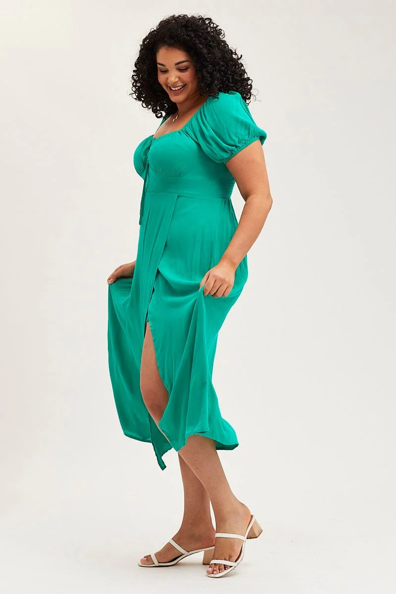 Green Maxi Dress Scoop Neck Short Sleeve Front Split - Image 4
