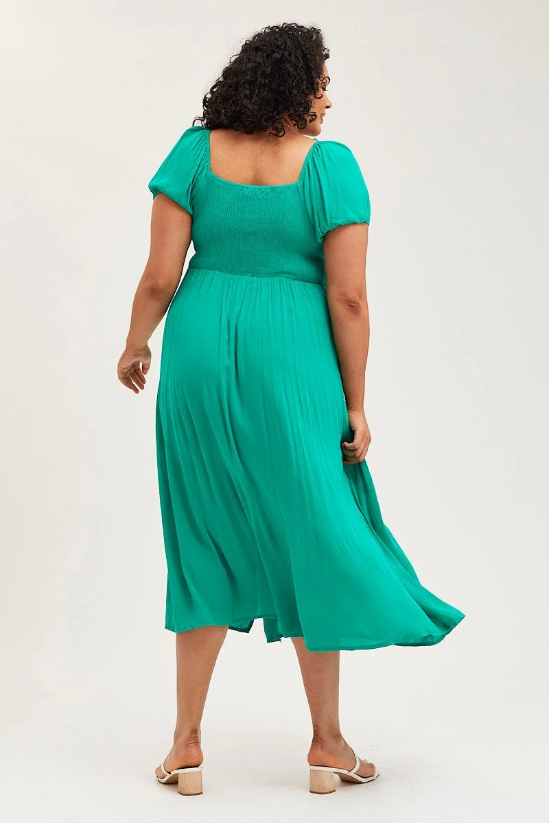 Green Maxi Dress Scoop Neck Short Sleeve Front Split - Image 5