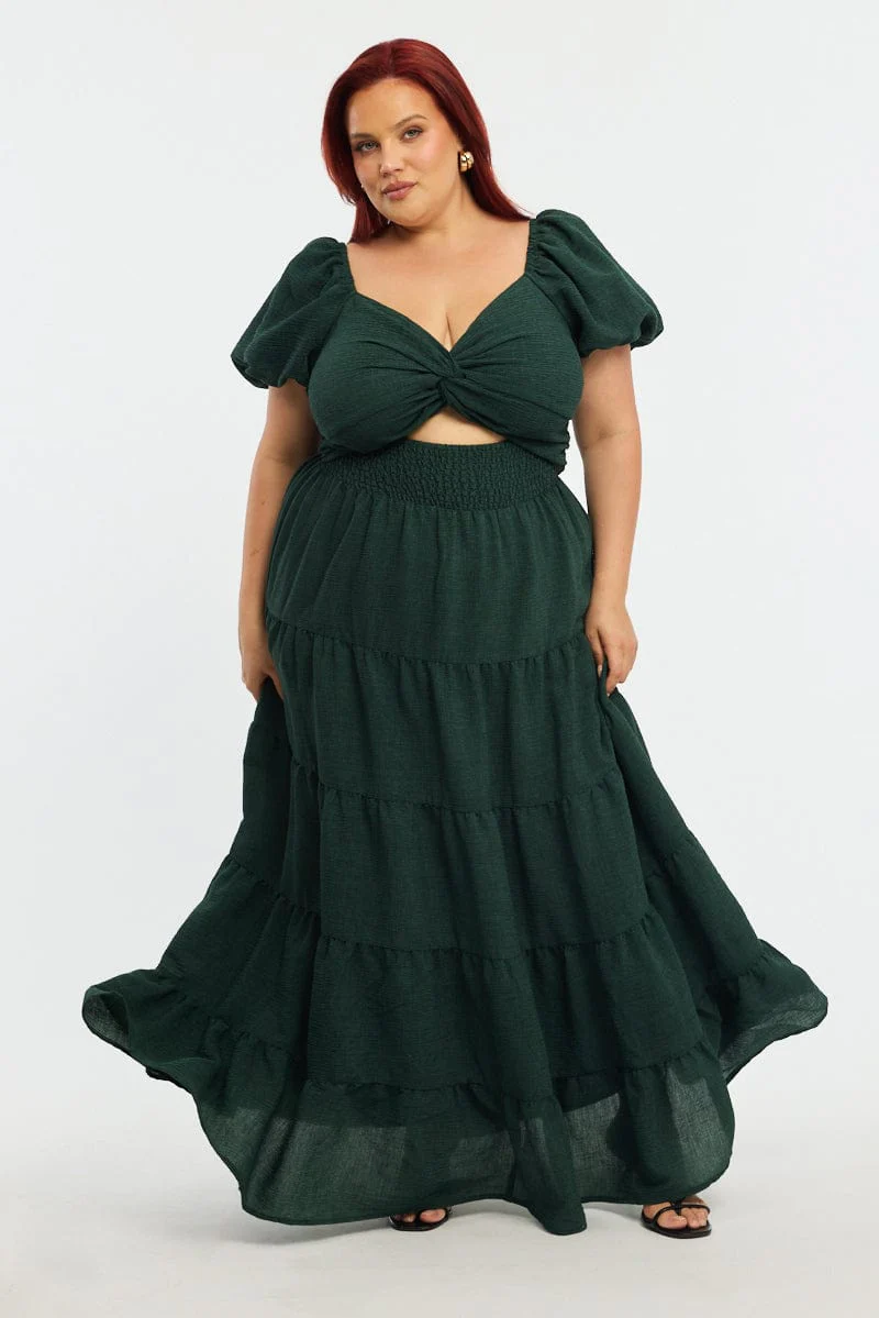 Green Maxi Dress Short Sleeve Cut Out