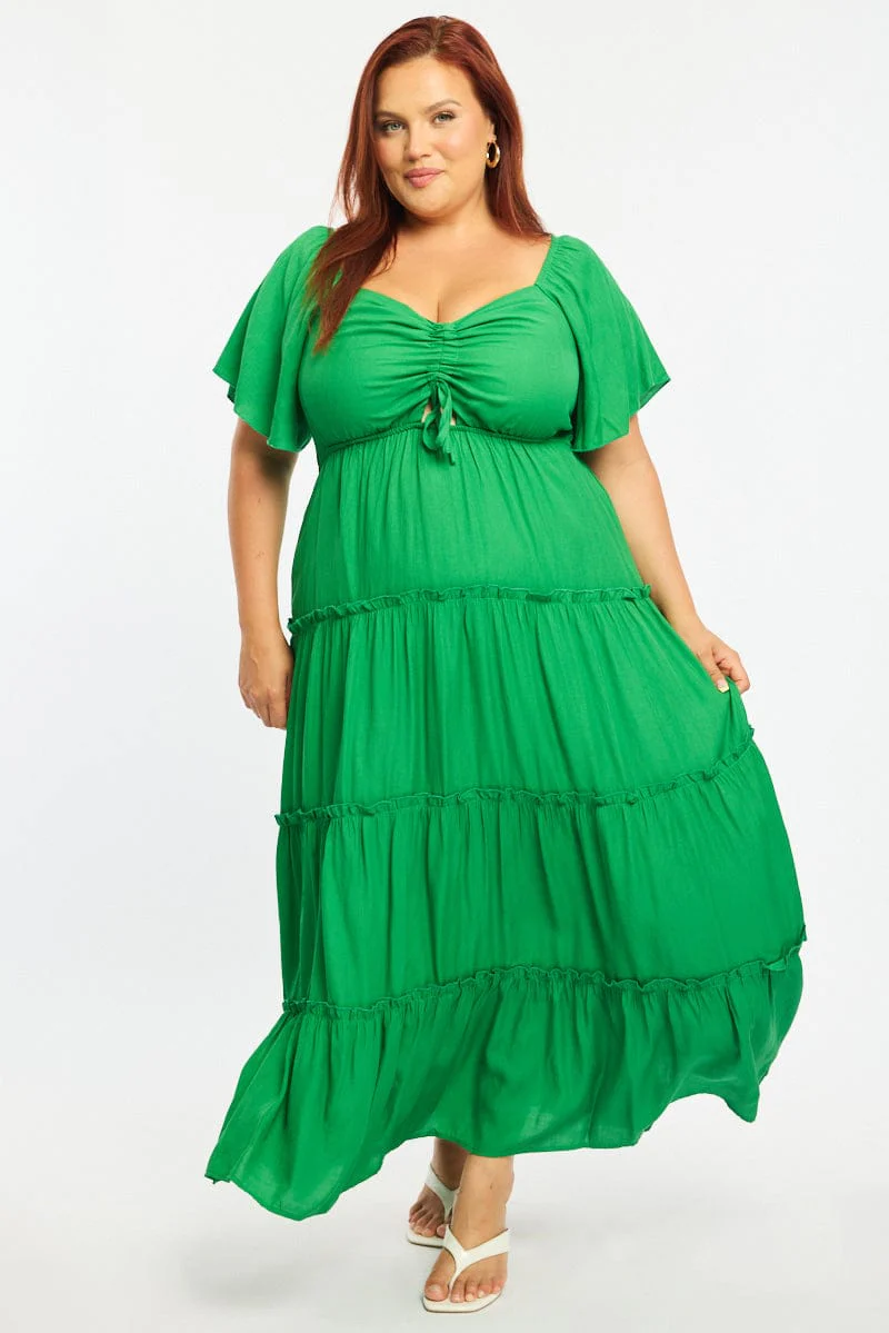 Green Maxi Dress Short Sleeve Ruched Bust
