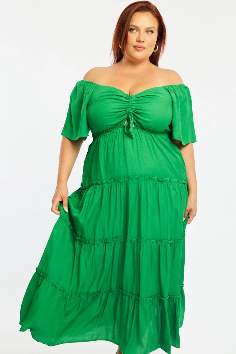 Green Maxi Dress Short Sleeve Ruched Bust - Image 2